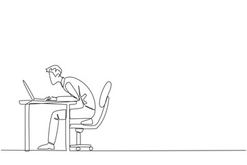 Poster - Single one line drawing hectic businessman sitting and typing on laptop computer. Work hard to achieve maximum expected results. Overtime and work smart. Continuous line design graphic illustration