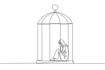 Poster - Continuous one line drawing Arab businesswoman trapped in the cage sitting covering face. Feel utterly defeated. Trapped in a dirty business. Mentally tired. Lost. Single line draw vector illustration