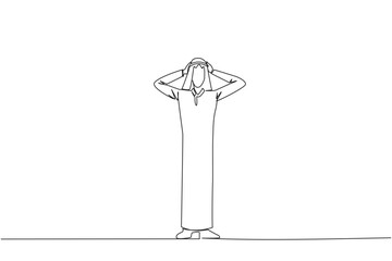 Poster - Continuous one line drawing Arab businessman standing straight holding head with both hands. Gestures excited or surprised. Unusual facial expressions. Startled. Single line draw vector illustration