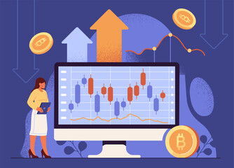 Wall Mural - Woman with cryptocurrency concept. Young girl near computer monitor with graphs and diagrams. Trader and investor with infographics. Poster or banner. Cartoon flat vector illustration