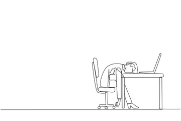 Poster - Continuous one line drawing businesswoman fell asleep in front of a laptop computer. Fatigue running a business. Mental health problem. Exhausted, bored. Single line draw design vector illustration