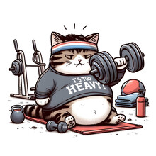 Cartoon Cute Furry Mean Fat Angry Emotion Striped Tiger Mr Cat Kitten Animal Character In Gym Working Out Lift Weights & Diet Water Bottle In A Funny Action Pose. Active, Not Lazy Concept, Hissy Fit