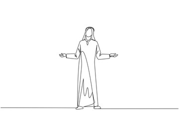 Poster - Single one line drawing Arab businessman standing straight with open arms. Lonely and sadness businessman lamenting undeveloped business. Unhappy manager. Continuous line design graphic illustration