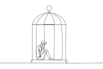 Poster - Continuous one line drawing businessman trapped in the cage sitting covering face. Feel utterly defeated. Trapped in a dirty business. Mentally tired. Lost. Single line draw design vector illustration