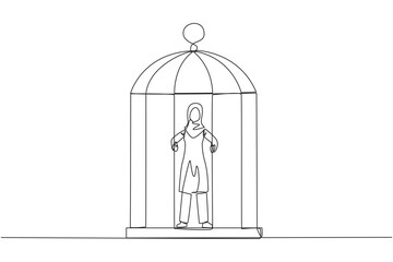 Poster - single continuous line drawing arabian businesswoman trapped in cage standing hold the iron bars. im