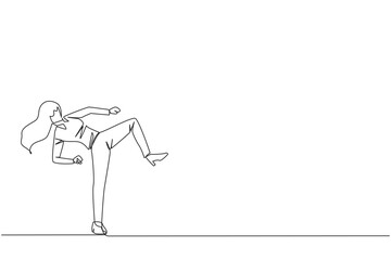 Poster - Continuous one line drawing businesswoman doing taekwondo movements. Kicking motion. Strong legs. Keeping business with sport. Keep healthy stay strong. Single line draw design vector illustration