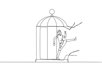 Poster - Single continuous line drawing Arab businessman trapped in cage kick the cage until wrecked. Freedom of expression for the smooth running of business. Distractions. One line design vector illustration