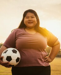 Asian girl playing football on street court