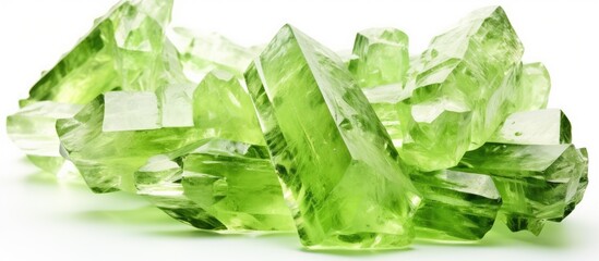 White background with isolated green spodumene crystals