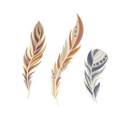 Wall Mural - Set of feathers concept. Part of birds wings. Element of decor for Indian clothing. Aesthetics and elegance, beauty. Poster or banner. Cartoon flat vector collection isolated on white background