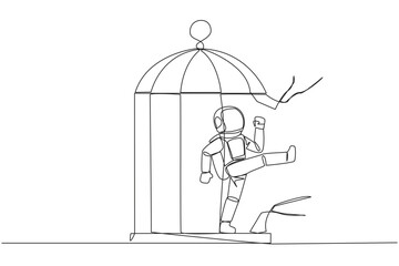 Poster - Single one line drawing astronaut trapped in the cage kick the caged until wrecked. Freedom of expression for the smooth running of business. Distractions. Continuous line design graphic illustration