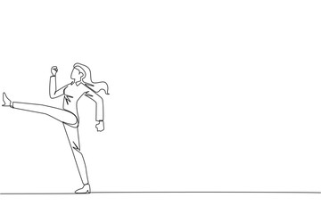 Poster - Single one line drawing businesswoman doing kicking motion. Stretch before office hours start. A healthy way to stay focused on doing business. Disciplined. Continuous line design graphic illustration