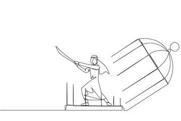 Poster - Single continuous line drawing Arab businessman trapped in cage holds samurai. Expression of anger over limitations that shackle. Seek freedom at any cost. Madness. One line design vector illustration