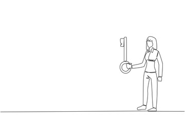 Poster - Single continuous line drawing businesswoman holding key. Important key to increasing profits has been secured. Ready to become important inheritance for relatives. One line design vector illustration