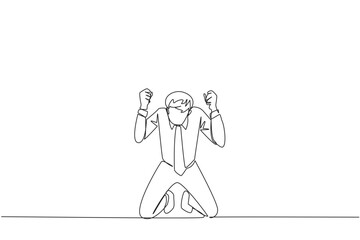 Wall Mural - Continuous one line drawing businessman kneeling like praying. Lost hope. Businesses will bankrupt if fail to get bona fide clients. Gesture of surrender. Single line draw design vector illustration