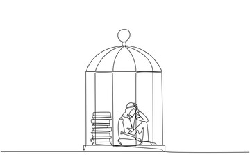 Poster - Continuous one line drawing Arabian businessman trapped in cage sitting down frustrated. Stress with piling up unfinished work until close to deadline. Exhausted. Single line draw vector illustration