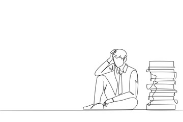 Poster - Single one line drawing businessman sitting near piles of work files. Too much work is stressful. Putting off work makes work neglected. Tired, unhappy. Continuous line design graphic illustration