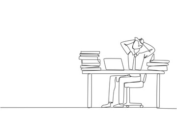 Fototapete - Single continuous line drawing businessman sitting on office chair. Stressful to see stock price on a laptop screen that don't increase. Stressful businessman. One line design vector illustration