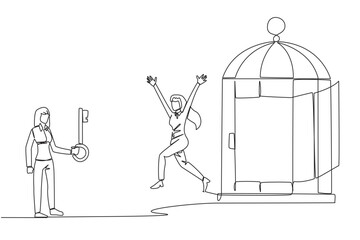 Poster - Single one line drawing businesswoman who was free by colleague from the trap of a cage. Teamwork metaphor. Growing business together. Great relationship. Continuous line design graphic illustration