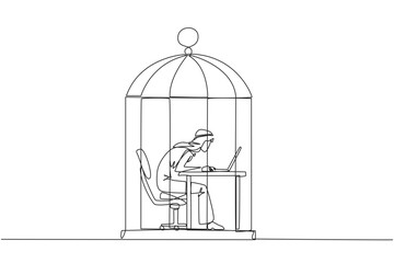 Poster - single one line drawing arabian businessman trapped in cage working on laptop. plan to take annual l