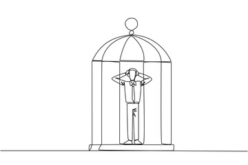 Poster - Single continuous line drawing businessman trapped in cage standing frustrated holding head. Anxiety caused can not move freely. Confined. Imprisoned. Can't work. One line design vector illustration