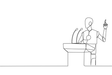 Poster - Continuous one line drawing smart robotic speaking at the podium while lifting index finger up. Made a favorable statement for the company. Orator. AI tech. Single line draw design vector illustration