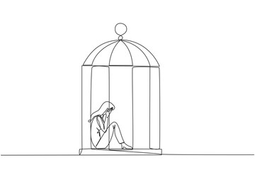 Poster - Continuous one line drawing businesswoman trapped in cage sitting covering face. Feel utterly defeated. Trapped in a dirty business. Mentally tired. Lost. Single line draw design vector illustration