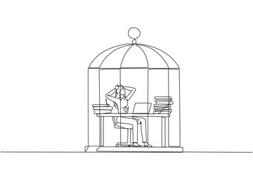 Poster - Single one line drawing businesswoman trapped in cage sitting on office chair holding head. Being in routine trap. Tired and irritated with the daily grind. Continuous line design graphic illustration