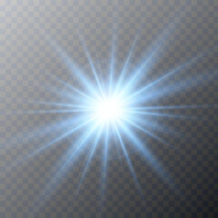 Wall Mural - Blue flare. Glow star with magic rays. Realistic light flash. Sun glare effect. Star explosion with light beams. Bright energy flash. Deep blue shine. Vector illustration