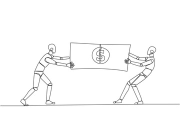 Poster - Single one line drawing two angry robot fighting over banknotes. Fight over the capital provided by the government to selected robotics. Rival. Technology. Continuous line design graphic illustration