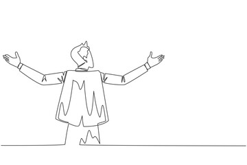 Poster - Single one line drawing rear view of businessman speaking at the podium while opening hands. Style like successful motivator. Invite to increase business. Continuous line design graphic illustration