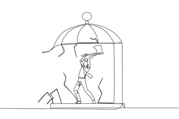Poster - Continuous one line drawing businessman trapped in cage holding an axe and destroy the cage. Everything is done to be free. Rising anger. Disappointed. Single line draw design vector illustration