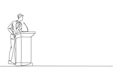 Poster - single one line drawing businessman speech standing behind the podium. give oration that world busin