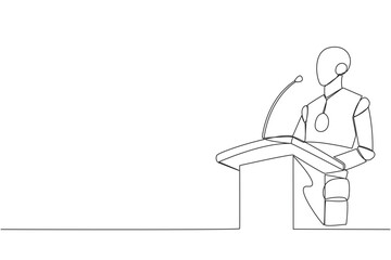 Poster - single one line drawing robotic artificial intelligence speaking at podium. announced greatly improv