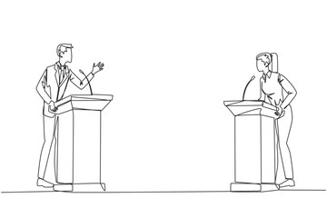 Poster - continuous one line drawing businessman and businesswoman arguing on the podium. throwing arguments 