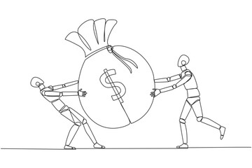 Poster - Single one line drawing two angry robot fighting over the big money bag. Fighting for additional capital after several shares were released to the public. Continuous line design graphic illustration