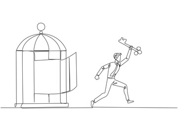 Poster - Single one line drawing businessman running out of the cage holding the key. The concept of freedom from something that binds. Freedom to advance business. Continuous line design graphic illustration