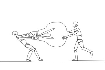 Poster - Single continuous line drawing two angry robot fighting over lightbulb. Both of them differed, feeling most right. Emotional robotic. Versus. Conflict. AI tech. One line design vector illustration