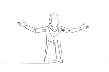 Poster - Continuous one line drawing rear view of Arab businesswoman speaking at podium while opening hands. Style like successful motivator. Invite to increase business. Single line draw vector illustration