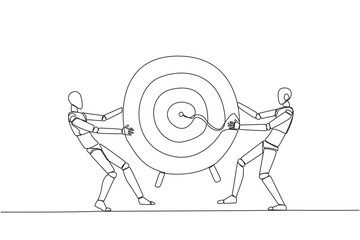 Poster - single one line drawing two angry robot fighting over arrow target board. fighting for who will get 