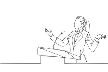 Poster - Continuous one line drawing young businesswoman speaking at podium while opening hands. Explain history of the company to become a multinational company. Single line draw design vector illustration