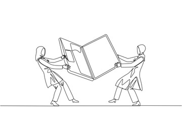 Single one line drawing two emotional Arabian businesswoman fighting over laptop. Fighting for information about very good area to be next target market. Continuous line design graphic illustration