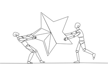 Poster - single continuous line drawing two angry robot fighting over the star. the concept of fighting for b