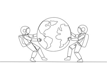 Poster - single continuous line drawing two strong astronaut fighting over globe. fighting over the area that