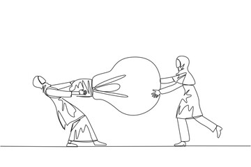 Poster - single continuous line drawing two arabian businesswoman fighting over lightbulb. both of them diffe