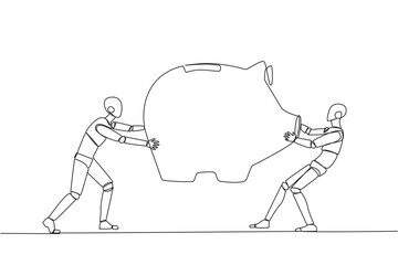 Poster - Single continuous line drawing two selfish robot fighting over big piggy bank. Arguing and each other feel entitled. Robot versus robot. Attack. Future technology. One line design vector illustration