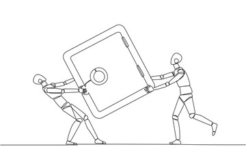 Poster - Single continuous line drawing two robot fighting over safe deposit box. Fight for a safe place to store important data. Robot conflict. Competition. AI technology. One line design vector illustration