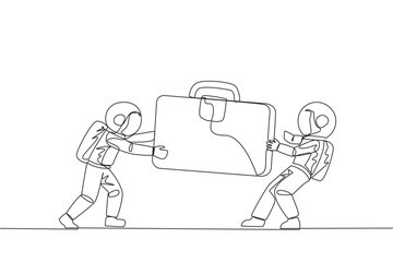 Poster - Continuous one line drawing two aggressive astronaut fighting over the briefcase. Fight over the client data contained in the bag. Astronaut attack. Cosmic. Single line draw design vector illustration