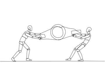 Poster - single continuous line drawing two emotional robot fighting over boxing belt. fight for to be the gr