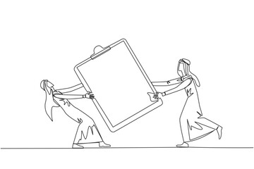 Poster - Single one line drawing two angry Arabian businessman fighting over clipboard. Useful to make it easier to check reports. Businessman conflict. Aggressive. Continuous line design graphic illustration